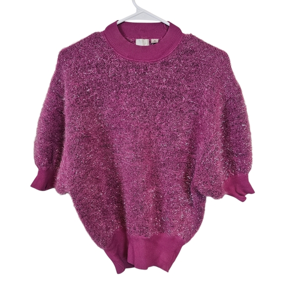 Maeve Anthro Violetta Tinsel Short Sleeve Pullover Sweater Open Back Mock Neck - Picture 2 of 8